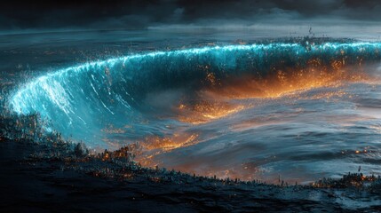 Futuristic cityscape with glowing whirlpool and vibrant colors swirling in dramatic cosmic atmosphere at night