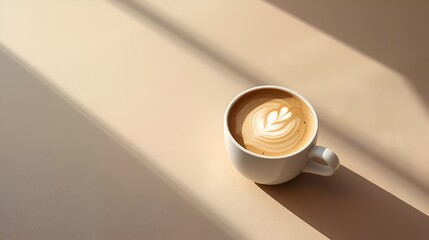 A cup of coffee with beautiful latte art on a beige table with sunlight and shadows.