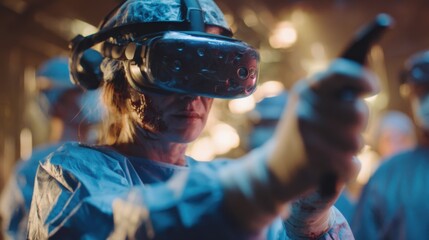 Surgeon Using Virtual Reality Headset for Advanced Medical Training in a High-Tech Operating Room Environment