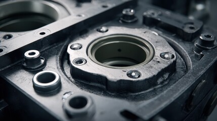 Close-Up View of Industrial Machinery Components with Metal Texture and Precise Engineering Details in a Factory Setting