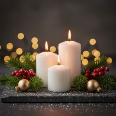 Close-up of three white pillar candles surrounded by festive greenery (holly, pine) and golden bokeh lights on a dark background.