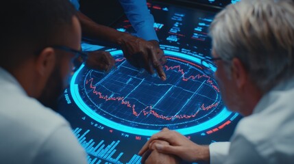 Business team analyzing financial data on a futuristic touchscreen interface in a modern office environment