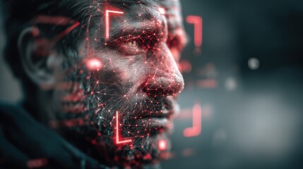 Futuristic Portrait of a Man with Digital Facial Recognition Technology Background and Abstract Data Visualization Elements