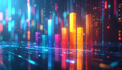 Colorful 3D bar graph atop shiny surface surrounded by bokeh lights & glowing lines