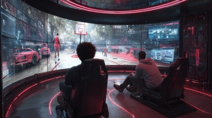 Naklejka premium Immersive Virtual Reality Basketball Experience with Futuristic Technology and Dynamic Gameplay Visualization