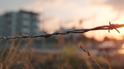 Barbed wire against sunset sky