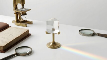 Glass prism on a white table refracting light into a rainbow spectrum with science tools. This physics experiment scene is ideal for education and optics concepts.