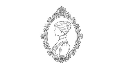 An elegant portrait of a woman in profile encased within an ornate decorative frame design