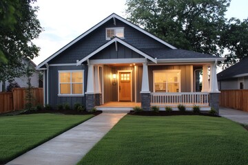 Obraz premium Newly built craftsman style home exterior at twilight with illuminated interior.