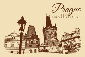 City ancient architecture, Prague, Czech Republic. Vintage brown and beige graphics, engraved, vector. Old retro design.