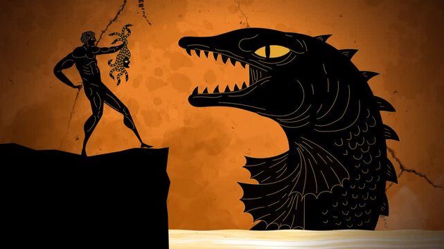 perseus turning the sea monster cetus into stone using the head of medusa