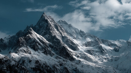 Fototapeta premium The majestic snow covered mountain peak pierces the sky, its jagged silhouette a testament to nature's raw power, under a partially cloudy winter sky.