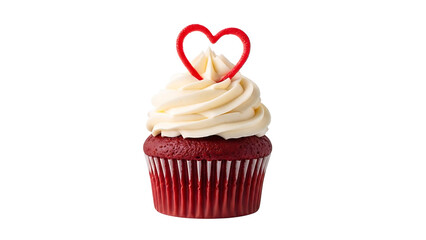 Festive Red Velvet Cupcake with Cream Cheese Frosting and a Decorative Red Heart Topper transparent background png file