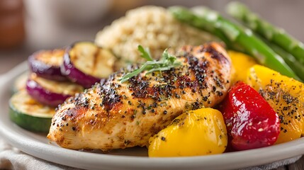 Plate of food with chicken, peppers, and rice. The chicken is grilled and seasoned with herbs