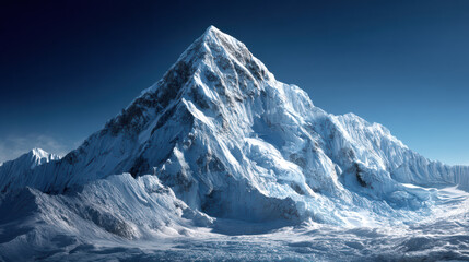 Obraz premium Majestic snow covered mountain peak rises dramatically against a clear blue sky, its jagged ridges and icy slopes glistening in the bright sunlight, a wintry vista.