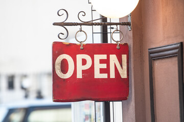 yes we're open sign , vintage restaurant sign , Open sign in street cafe