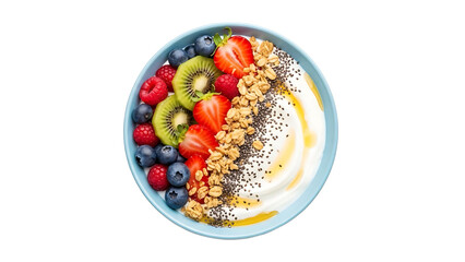 Healthy Yogurt Bowl with Fresh Berries, Kiwi, Granola, Chia Seeds and Honey Drizzle transparent background png file