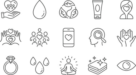 Set of 15 linear real estate and home amenities icons, including dining, swimming pool, school, multi-story buildings, safe, floor plan, and business meeting symbols, isolated on white.