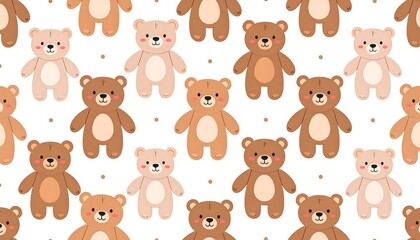 Cute pattern with cartoon teddy bears in shades of brown and beige against a white background with small dots