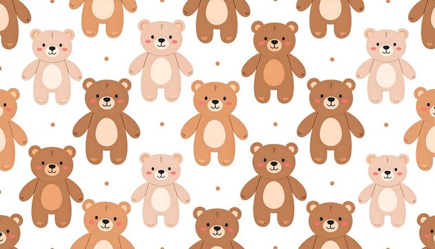 Cute pattern with cartoon teddy bears in shades of brown and beige against a white background with small dots - Powered by Adobe