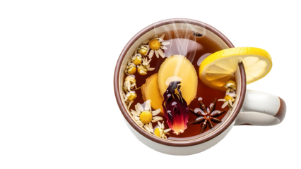 Comforting Herbal Tea with Lemon, Ginger, Chamomile, Star Anise, and Steaming Aroma transparent background png file