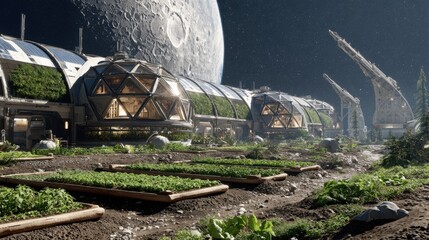 Futuristic Lunar Settlement with Agricultural Domes and Moon Landscape under a Starry Sky