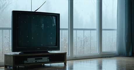 Fototapeta premium Old television sits upon wooden cabinet. Rain falls outside large windows, creating somber mood. Interior feels quiet, empty.