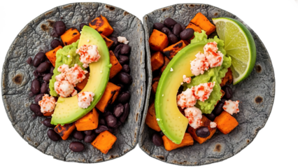 Two Delicious Blue Corn Tacos with Sweet Potato, Black Beans, Avocado, Cotija Cheese, and Fresh Lime transparent background png file