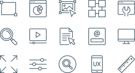 Set of 16 linear data, finance, and technology icons, including blockchain, server rack, money exchange, credit card, cloud computing, and artificial intelligence symbols, isolated on white.