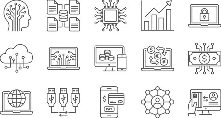 Set of 16 linear nature, ecology, and environmental icons, including tree, recycling, binoculars, mountain, sun, campfire, and leaf symbols, isolated on a white background for conservation.