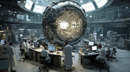 Scientists Working in a Futuristic Laboratory with an Advanced Energy Sphere and High-Tech Equipment
