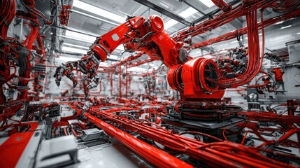 Advanced Robotic Arm Surrounded by Complex Red Wiring in High-Tech Industrial Environment