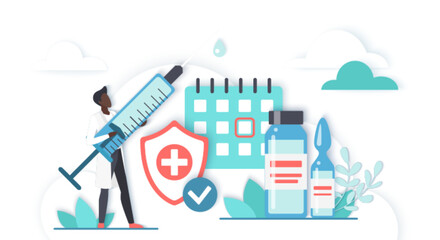 Healthcare worker holding syringe vaccine bottles shield calendar checkmark symbolizing immunization schedule disease prevention medical safety isolated white background vector illustration.
