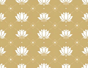 Elegant pattern of symmetrical, stylized, white lotus flowers on a textured, golden-beige backdrop, arranged in a grid with subtle diamond details