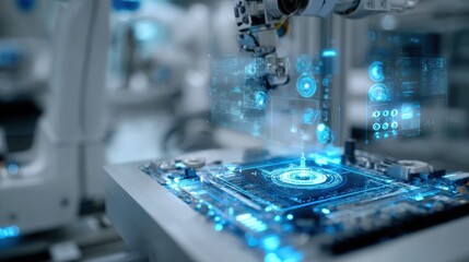 Futuristic robotic arm assembling digital circuit board in advanced technology environment with holographic interface