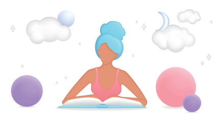 Young woman reading a book surrounded by soft clouds, moon, and colorful spheres, perfect for education, imagination, and learning concepts isolated on white background vector illustration