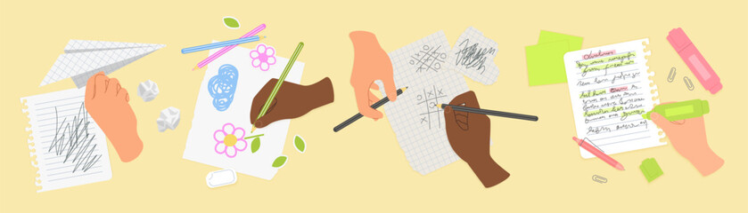 Diverse hands and feet sketching, drawing, and writing on paper with pens, pencils, and markers, surrounded by stationery on a yellow background vector illustration