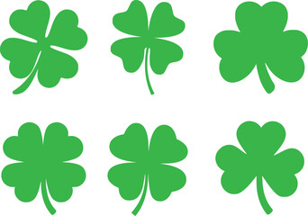  Set of six green shamrock and four leaf clover symbols for good luck and st patricks day celebrations vector design