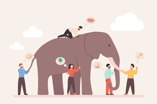 People touching an elephant from various sides, each imagining something different, symbolizing perception, perspective, and understanding in a metaphorical concept vector illustration