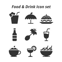 A diverse vector set of black and white Food & Drink icons, representing fruits, vegetables, beverages, and prepared meals for diet and restaurant menus.