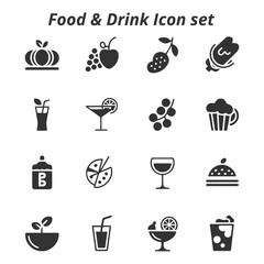 A diverse vector set of black and white Food & Drink icons, representing fruits, vegetables, beverages, and prepared meals for diet and restaurant menus.