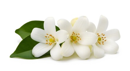 White jasmine flowers with green leaves isolated on a white background. This fresh botanical photo is ideal for spa, perfume, and natural beauty product packaging.