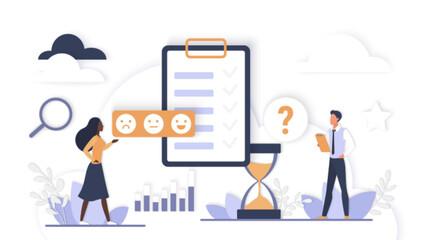 Business people analyzing survey results checklist rating scale hourglass data charts feedback collection research decision making isolated white background vector illustration.
