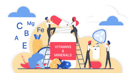 Concept of healthy nutrition with people adding vitamins and minerals to a supplement jar surrounded by food sources, nutrient symbols for wellness and health vector illustration