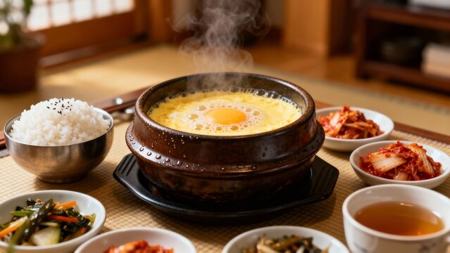 뚝배기에담긴부드러운계란찜과따뜻한한식밥상