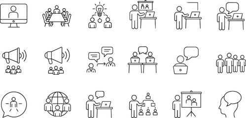 Business training, presentation, video conferencing, team meeting, idea generation, and coaching vector line icons set, including megaphone and speech bubble symbols.