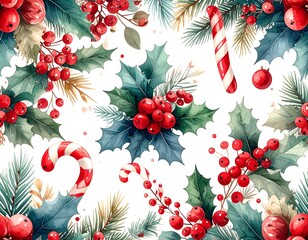 Festive botanical illustration with holly, red berries, candy canes, and evergreen foliage. A joyful winter holiday theme