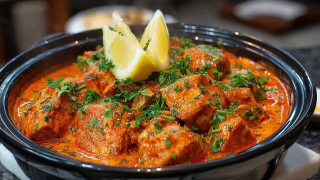 Delectable Curry Delight: A steaming bowl of rich, flavorful curry, adorned with a vibrant garnish of fresh herbs and a bright lemon slice, promises a symphony of tastes.