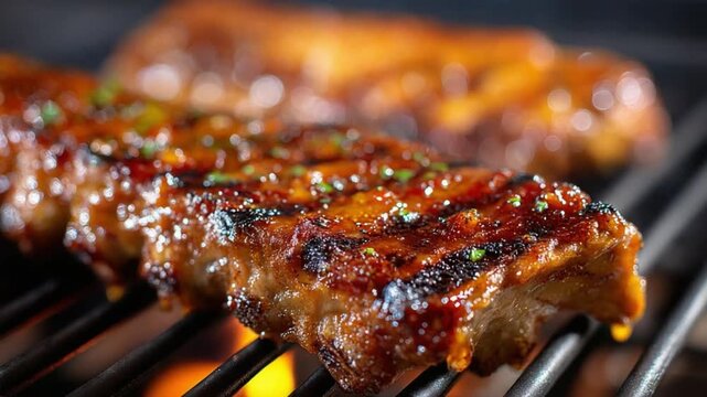 Grilled Barbecue Delights: A close-up shot captures the sizzling perfection of expertly grilled barbecue ribs, with a glossy glaze and enticing char marks. A culinary experience for food lovers.