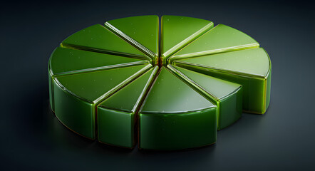 Three dimensional glossy green pie chart icon on dark background business financial presentation infographic element statistics report data analysis growth profit visualization symbol